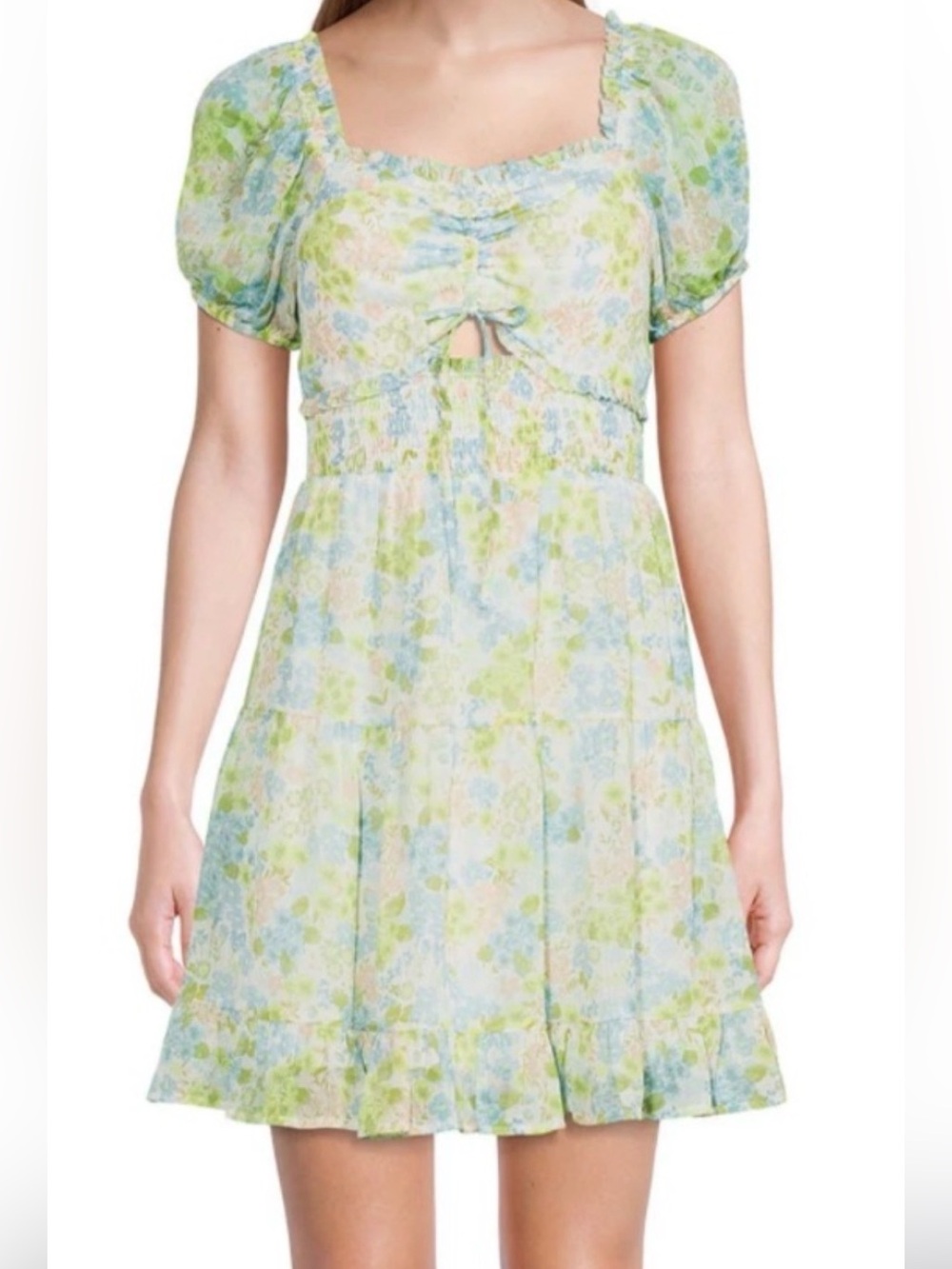 Madden NYC Floral Smocked Waist Mini Peasant Style Dress Juniors XS Pastel Color